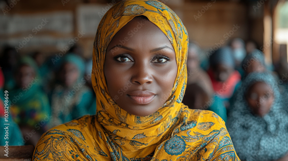 A young woman wearing a yellow headscarf looks directly at the camera. A young woman wearing a yellow headscarf looks directly at the camera.