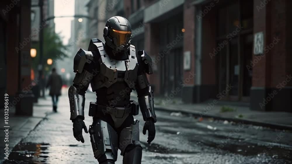 A robotic figure walks confidently through a wet, dimly lit city street, surrounded by remnants of urban life and a mysterious atmosphere, copy space A robotic figure walks confidently through a wet, dimly lit city street, surrounded by remnants of urban life and a mysterious atmosphere, copy space