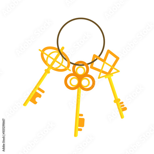 Three golden keys hanging on ring on white background
