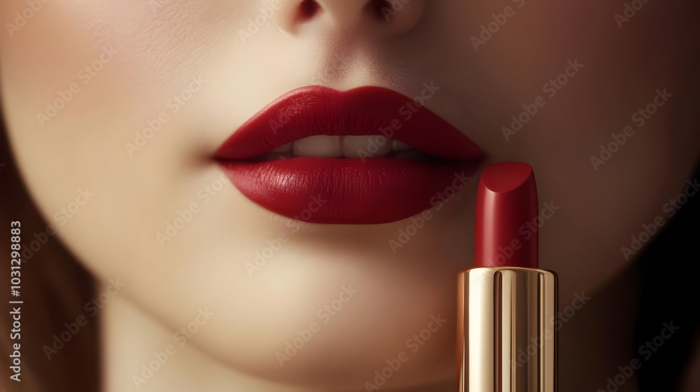 Obraz premium Close-up of lips with bold red lipstick and a lipstick tube.