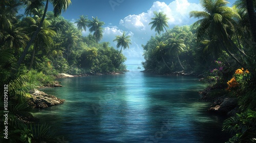 Serene tropical landscape with lush palms and tranquil waters.