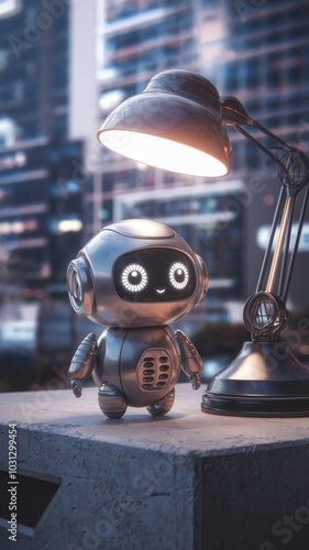 Humanoid robot with glowing eyes in front of desk lamp, urban night scene, sci-fi photo