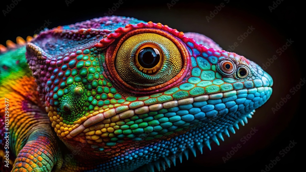 Fototapeta premium A Close-Up Portrait of a Vividly Colored Reptile With Intricate Skin Patterns and a Striking Eye