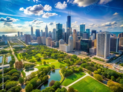 Chicago Skyline Aerial View Over Lake Michigan with Skyscrapers and Green Park on a Sunny Day