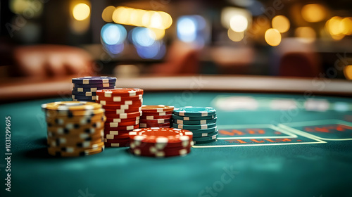 Stacked poker chips on a ca...