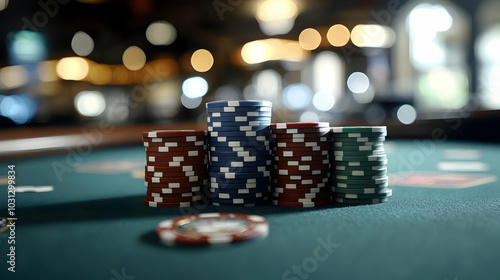 Stacked poker chips on a gr...