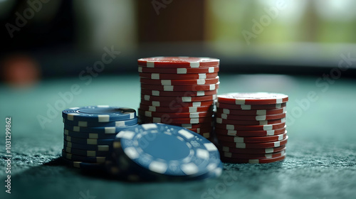 Stacks of red and blue poke...