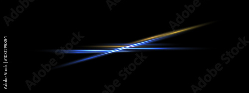Yellow Blue neon crossing laser beam, glowing speed line. Techno designer elements isolated, thunder bolt vector eps . Shine rays on black background. Overlay abstraction banner