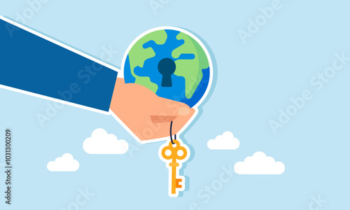 A hand holding a globe with keys, illustration of solutions to global issues in the business world