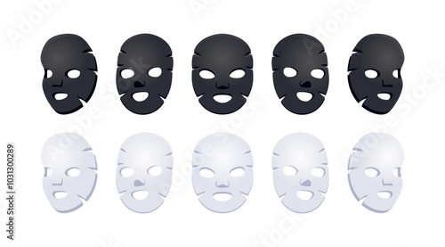 Black and white facial sheet masks showing different angles