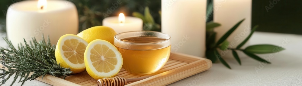 Herbal tea with lemon slices and honey on a bamboo tray, next to soft candles and greenery Herbal tea with lemon slices and honey on a bamboo tray, next to soft candles and greenery