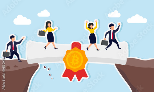A group of businesspeople crossing a chasm on ribbon-labeled bitcoin paper, illustration of agreements to sell bitcoin to solve financial issues