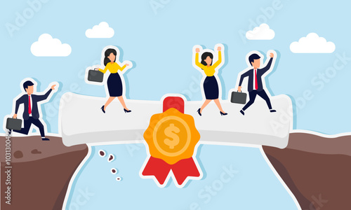 A group of businesspeople crossing a chasm on ribbon-labeled dollar coin paper, illustration of investor agreements to resolve company financial issues