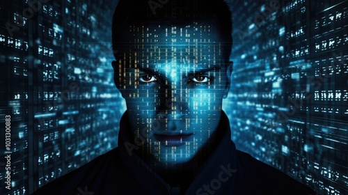 Futuristic Digital Face with Data Overlay in a Virtual Reality Cyber Environment