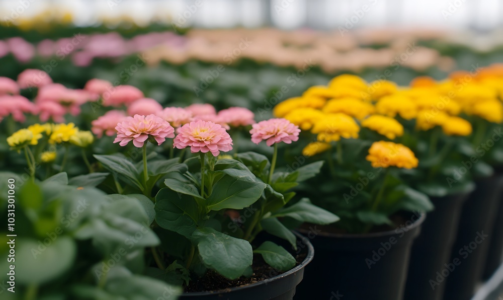 Calandiva plant with rows of pink green and yellow flowers in a flower garden, Generative AI Calandiva plant with rows of pink green and yellow flowers in a flower garden, Generative AI