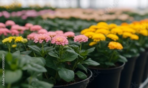 Calandiva plant with rows of pink green and yellow flowers in a flower garden, Generative AI