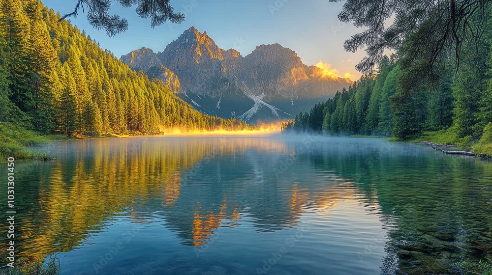 Serene lake reflecting mountains at sunrise amidst lush forests. Serene lake reflecting mountains at sunrise amidst lush forests.