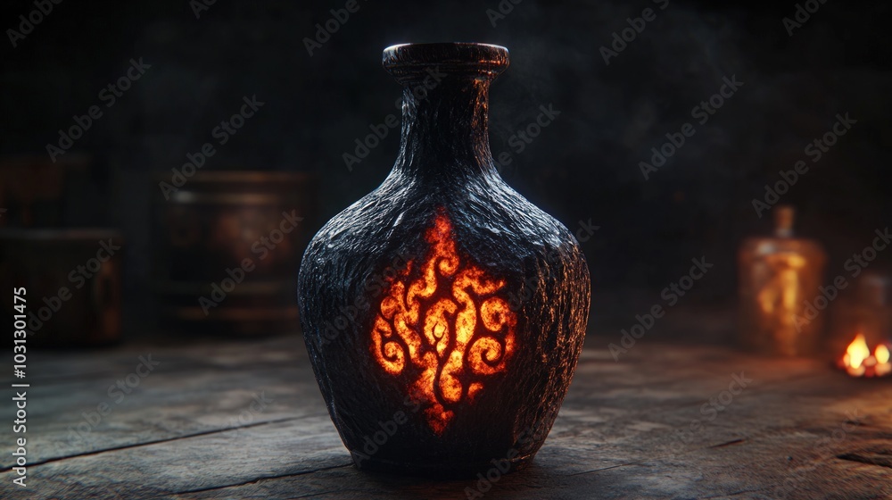 A glowing, ornate glass bottle sits on a wooden surface. A glowing, ornate glass bottle sits on a wooden surface.