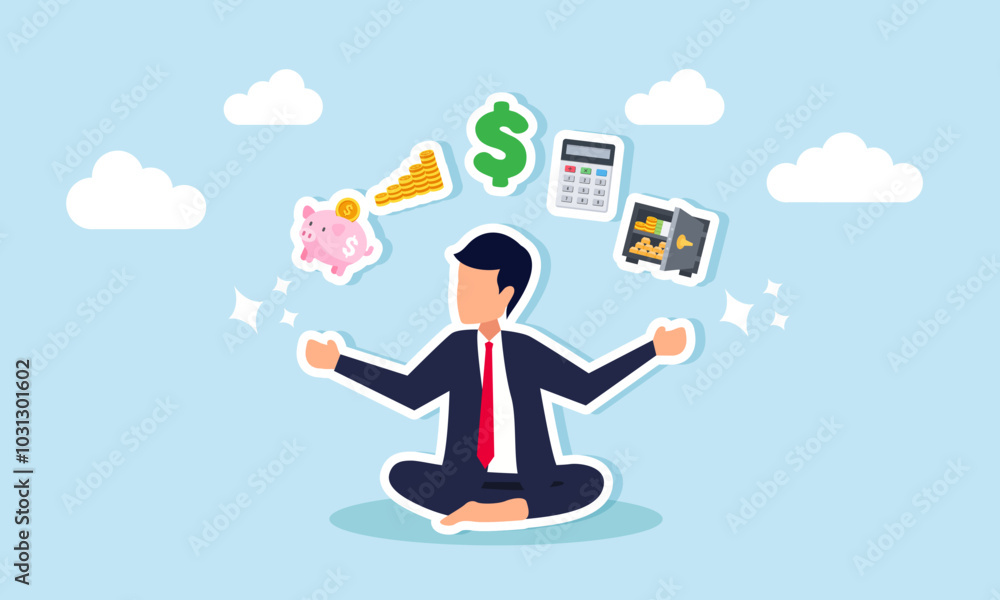 A businessman meditating in a cross-legged position surrounded by elements of financial management, illustration of finding solutions for effective financial management A businessman meditating in a cross-legged position surrounded by elements of financial management, illustration of finding solutions for effective financial management
