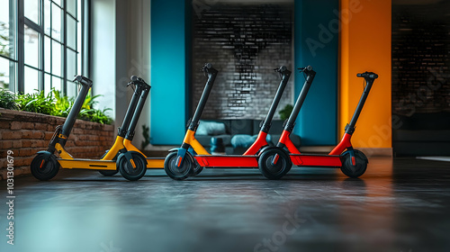 Four colorful electric scoo...