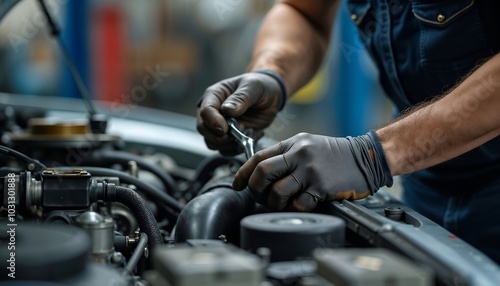 Mechanic diligently working on car engine in garage workshop, repairing and maintaining vehicle