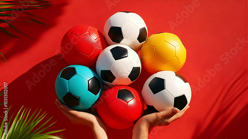 Colorful soccer balls arran...