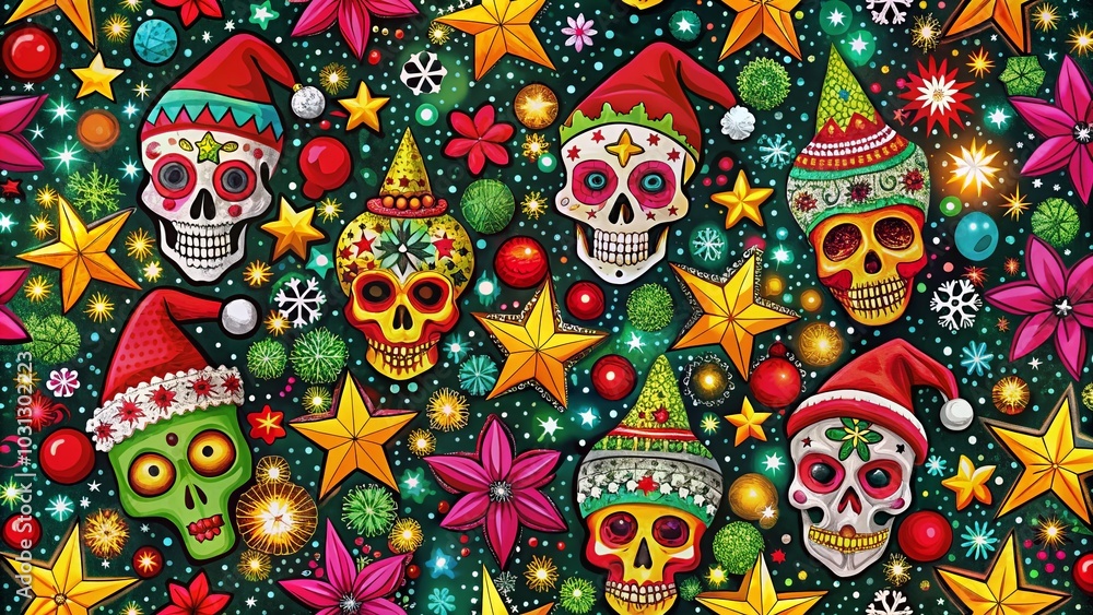 Christmas Skull Stars Fabric Pattern - Seamless Design for Holiday Decor and Fashion Christmas Skull Stars Fabric Pattern - Seamless Design for Holiday Decor and Fashion