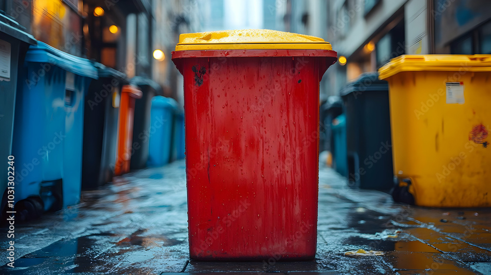 A red trash bin amidst various colored bins in a wet alleyway. A red trash bin amidst various colored bins in a wet alleyway.
