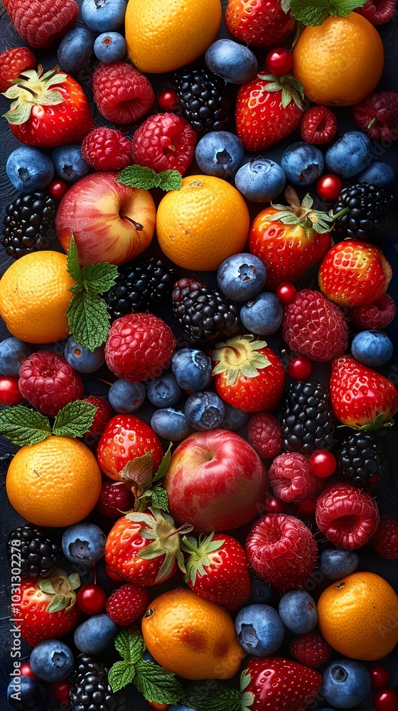 Fresh and Colorful Fruit and Berries Still Life Fresh and Colorful Fruit and Berries Still Life