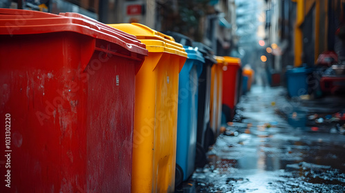 Colorful trash bins lined i...