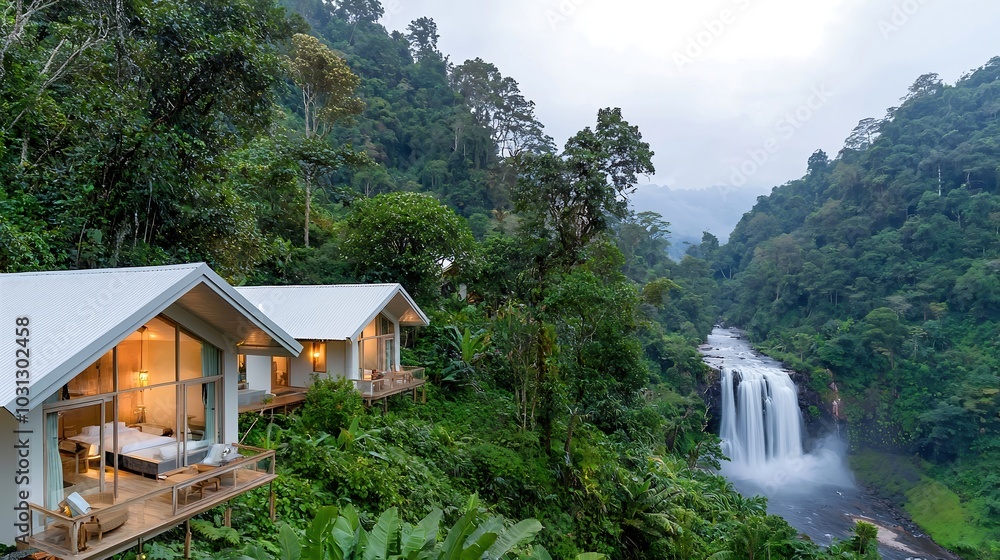 An enchanting scene of a secluded eco-lodge nestled in the heart of a tropical forest, surrounded by lush vegetation and cascading waterfalls. The lodge features sustainable architecture that blends An enchanting scene of a secluded eco-lodge nestled in the heart of a tropical forest, surrounded by lush vegetation and cascading waterfalls. The lodge features sustainable architecture that blends