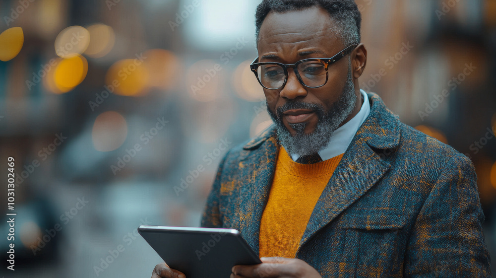 A man in a blue coat uses a tablet on the street. A man in a blue coat uses a tablet on the street.