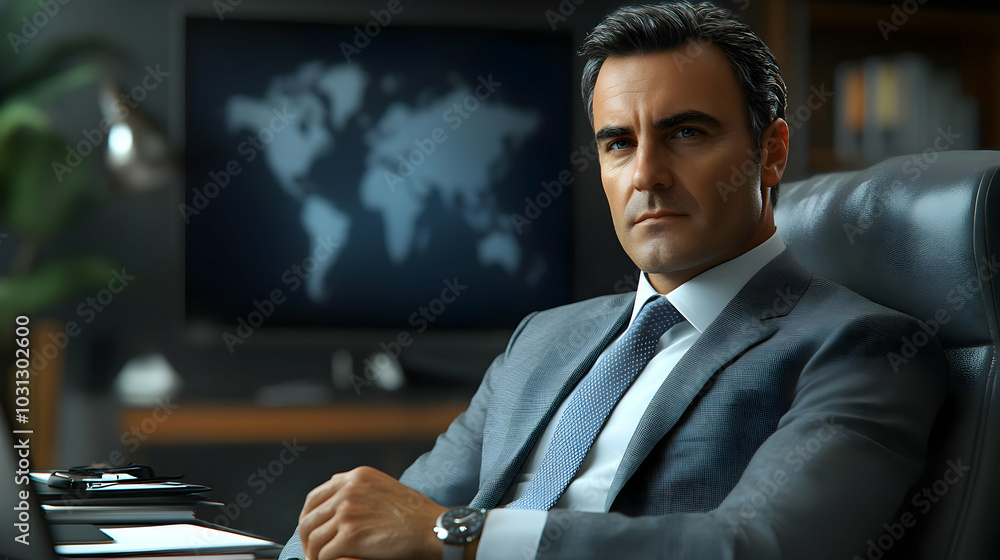 Confident businessman in a modern office setting. Confident businessman in a modern office setting.