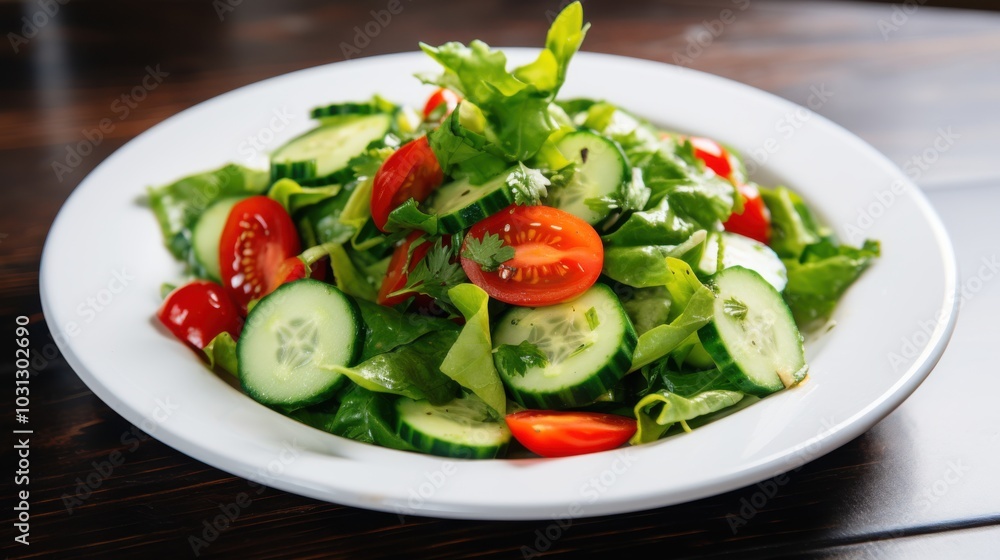 Vibrant mixed salad features fresh cucumbers, cherry tomatoes, and crisp greens in a white bowl, creating a healthy and appetizing presentation. Vibrant mixed salad features fresh cucumbers, cherry tomatoes, and crisp greens in a white bowl, creating a healthy and appetizing presentation.