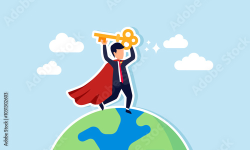 A super businessman standing on Earth while holding a key, illustration of a successful businessman providing business solutions to global issues