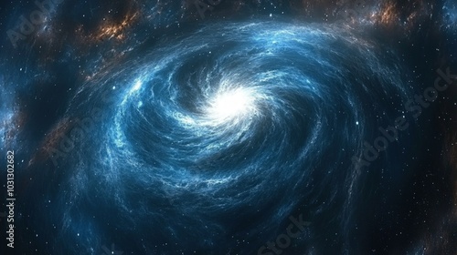 A stunning, swirling spiral galaxy with a bright, white core, surrounded by a deep blue and dark blue nebula, against a black backdrop of stars.