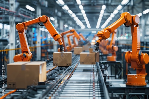 Conveyor belt system with carton boxes and orange robotic arms in modern factory