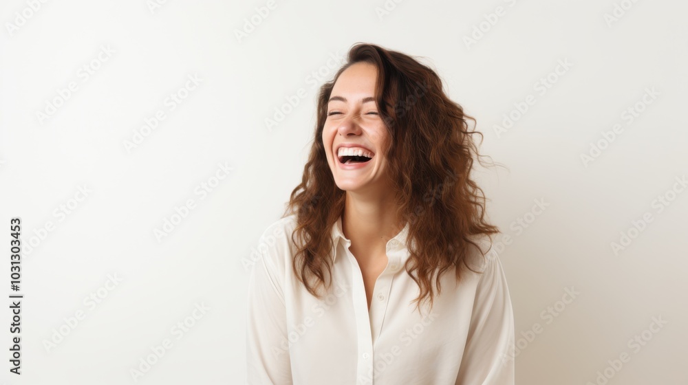 A joyful young woman stands against a light background, her laughter exuding warmth and positivity. A joyful young woman stands against a light background, her laughter exuding warmth and positivity.