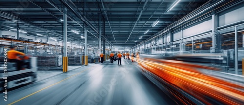 Very realistic and photographic photo of a sleek, high-tech warehouse with blurred workers and automation machinery moving in sync The long exposure creates a dynamic, efficient feel in the