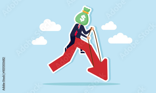 A businessman with a money bag head riding a red arrow pointing downward, illustration of poor and declining dollar valuation