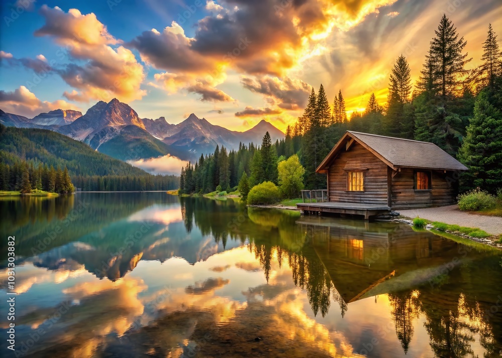 Fototapeta premium Classic Wooden Log Cabin by the Lake - Tranquil Landscape Photography