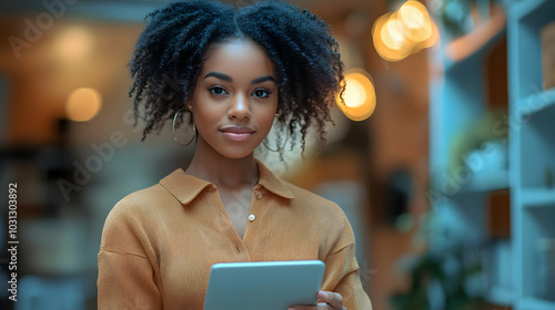 A young woman holding a tab...