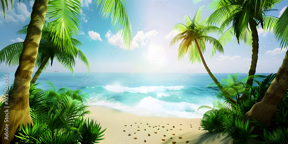 Fototapeta premium Photography of Breathtaking Top View of a Tropical Island Paradise and Sea Beach, Luxury Resort with Swaying Palm Trees and Coconut Tree Views. Landscape HD Wallpaper