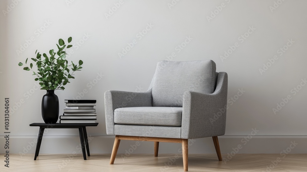 A realistic photo showcasing a stylish gray armchair with wooden legs placed next to a minimalist side table holding books and a black vase with greenery. The clean, neutral tones and sharp lines A realistic photo showcasing a stylish gray armchair with wooden legs placed next to a minimalist side table holding books and a black vase with greenery. The clean, neutral tones and sharp lines