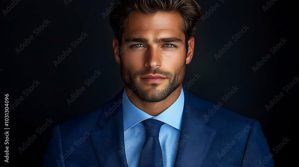 A well-dressed man in a blue suit against a dark background. A well-dressed man in a blue suit against a dark background.