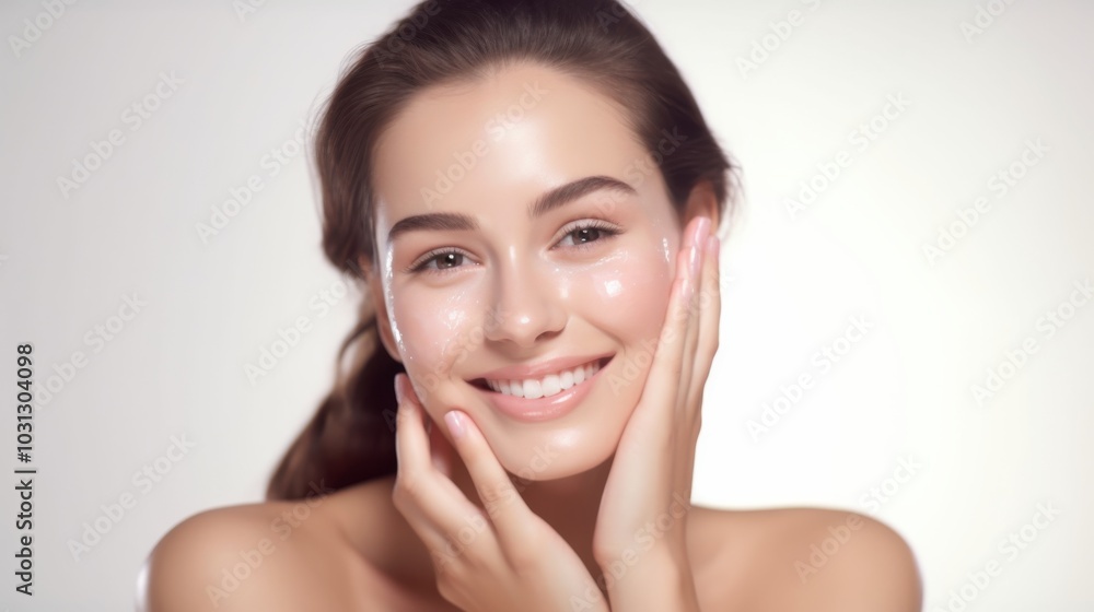 A radiant woman with a fresh, glowing complexion gently touches her cheeks, highlighting the softness and youthfulness of her skin in a serene setting. A radiant woman with a fresh, glowing complexion gently touches her cheeks, highlighting the softness and youthfulness of her skin in a serene setting.