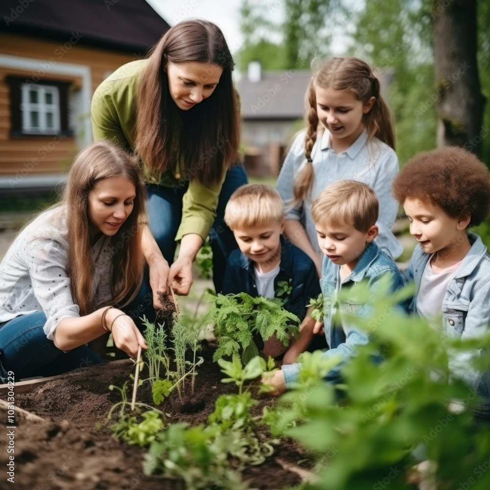 A group of children attentively learn about gardening from their teacher, surrounded by lush greenery and a warm, inviting backyard space. A group of children attentively learn about gardening from their teacher, surrounded by lush greenery and a warm, inviting backyard space.