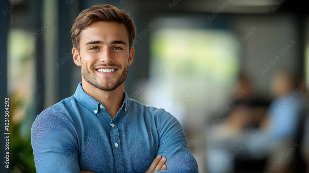 Smiling young man in a professional setting with a blurred background.