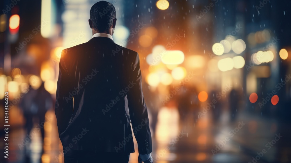 A determined businessman in a suit strides purposefully through a rainy night cityscape, reflecting drive and ambition amidst urban glow. A determined businessman in a suit strides purposefully through a rainy night cityscape, reflecting drive and ambition amidst urban glow.