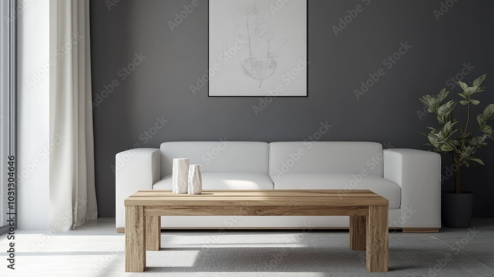 A realistic photo of a sleek, modern living room with a wooden coffee table near a white sofa. The grey wall and art poster create a minimalist yet elegant space. Professionally graded and shot in A realistic photo of a sleek, modern living room with a wooden coffee table near a white sofa. The grey wall and art poster create a minimalist yet elegant space. Professionally graded and shot in